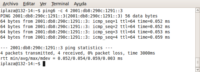 Para determinar el correcto funcionamiento podemos utilizar el comando ping6 a la nueva dirección. ping c 4 2001:db8:290c:1291::3 Los resultados obtenidos son satisfactorios.