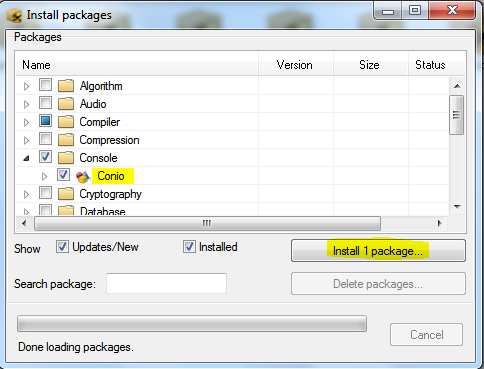 Le aparecerán la lista de paquetes instalados y los posibles por instalar: Despliegue la opción CONSOLE y seleccione CONIO Finalmente de clic en Install 1 package En este momento se