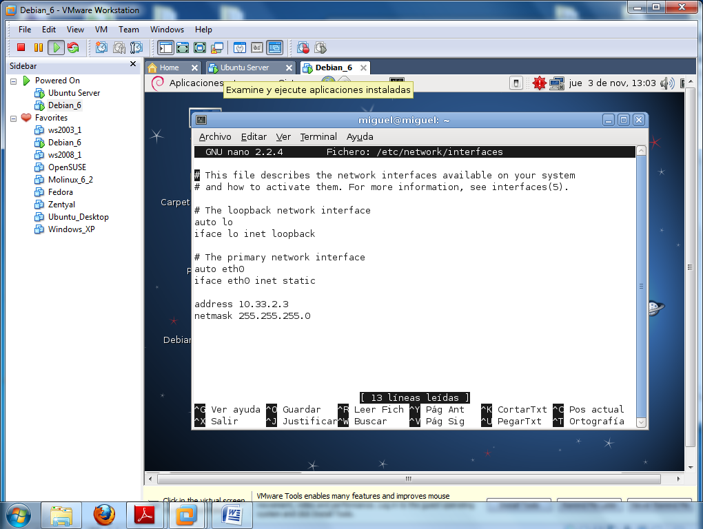 Configuración en Debian. Configuramos nuestra IP de nuestro servidor y nuestra interfaz.