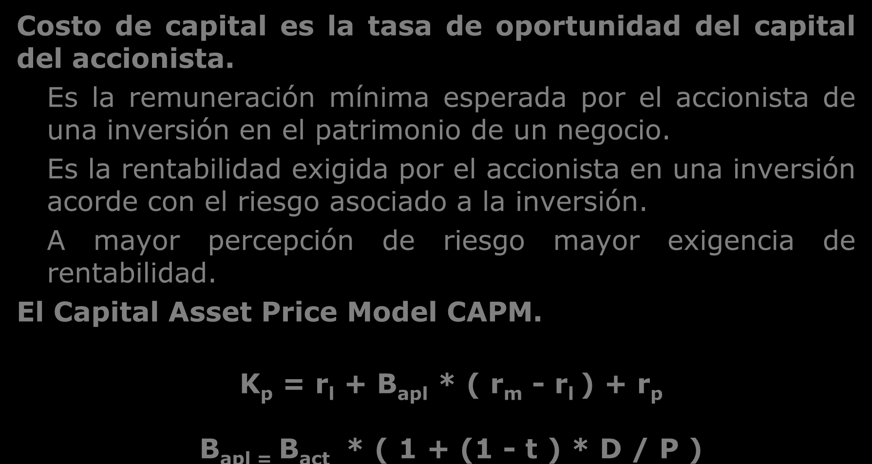 Costo de Capital del Accionista Costo de capital es la tasa de oportunidad del capital del accionista.