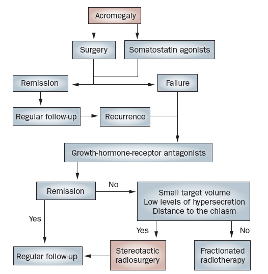 INTRODUCCIÓN Figura 4. Esquema de tratamiento en la acromegalia. Castinetti F, Régis J, Dufour H, Brue T. Role of stereotactic radiosurgery in the management of pituitary adenomas.