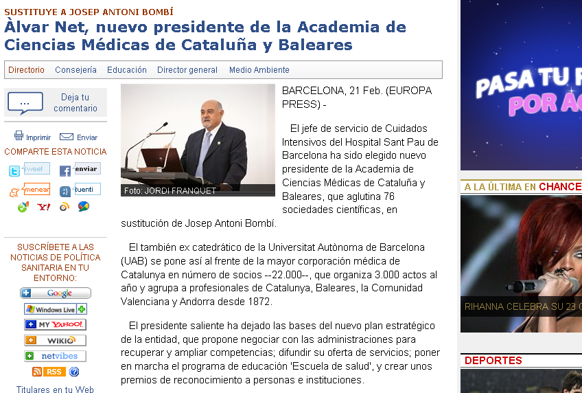 (EUROPA PRESS) - El jefe de servicio de Cuidados Intensivos del Hospital Sant Pau de Barcelona ha sido elegido nuevo presidente de la Academia de Ciencias Médicas de Cataluña y Baleares, que