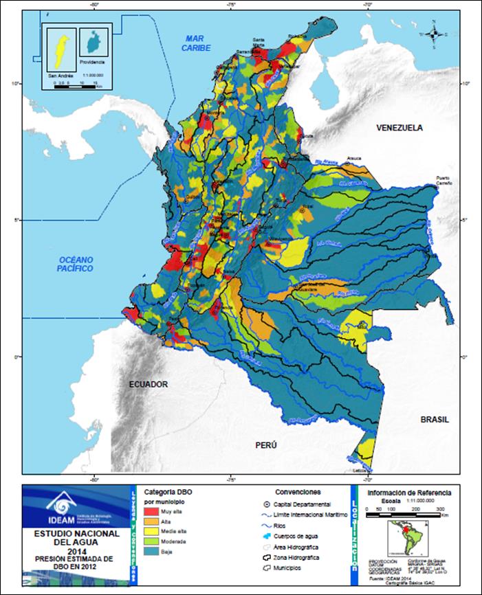CALIDAD DE AGUA Presión estimada de DBO 5 por municipio, año 2012 Presión estimada de DBO 5 La carga orgánica biodegradable (DBO 5 ) vertida a los sistemas hídricos en 2012 se estima en 756.