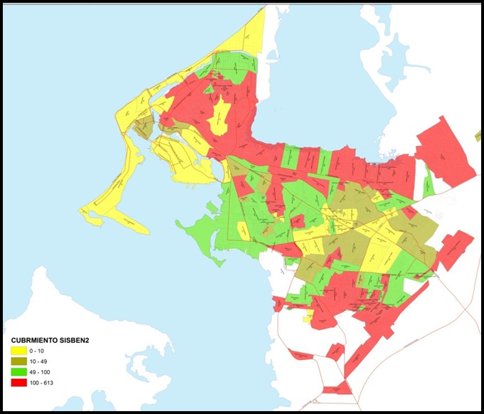 H&D 3 Mapa 1. Cubrimiento por barrios del índice Sisbén II En el barrio El Pozón la población sisbenizada supera en 19.653 personas a aquella que habita en el barrio.
