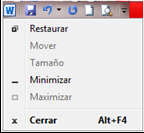 1. ÍCONO DE CONTROL: Este ícono tradicional de Office, contiene comandos para la administración de ventana. 2.