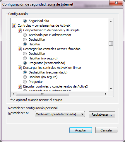 Seguridad Nivel personalizado Controles ActiveX marcando como
