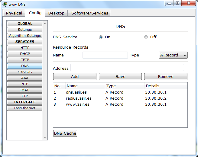 b) SERVIDOR RADIUS: 1.- Simulación de un entorno de red con servidor RADIUS CISCO en el Packet Tracert Router.