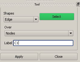 La ventana Tool se visualiza ahora, en ella hemos indicado que se va a etiquetar sobre los nodos del lado y el nombre de la etiqueta. Después clic en apply.