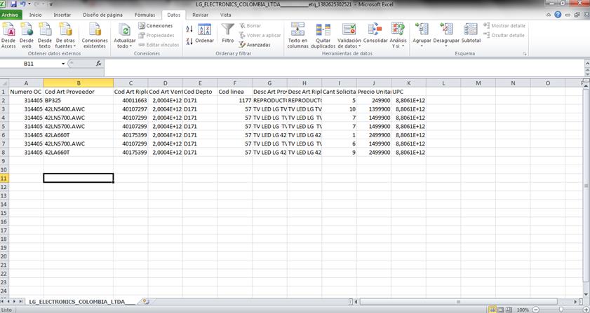 10. Visualización del archivo de etiqueta de precio: Luego de convertir el archivo a Excel, se puede visualizar de la