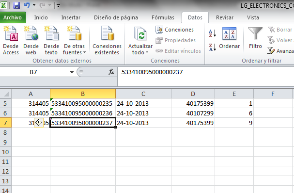 Ejemplo de Estructura del archivo de bulto o etiqueta LPN creado en una nueva hoja de Excel. Ej.