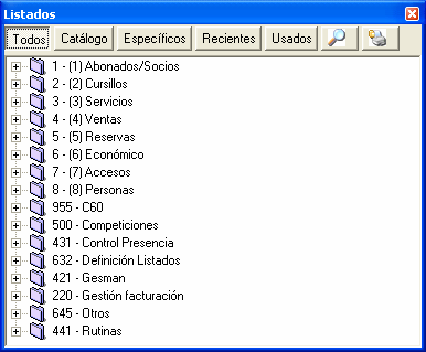 Ventana de listados En Deporwin (y otros programas, como Reserwin) desde cualquier pantalla se puede acceder a todo el catálogo y todos los listados desde el botón Listados : Esta es la pantalla que