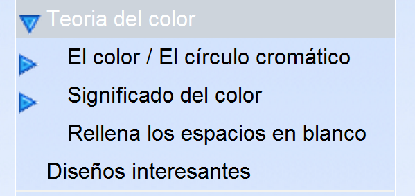 teoría del color, al hacer click en esta opción del menú se despliega un sub menú (1)