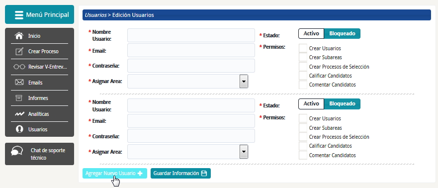 Usuarios En el formulario de creación de usuarios puede crear uno o mas usuarios al mismo tiempo, para agregar un nuevo registro haga clic en el botón Agregar Nuevo Usuario.