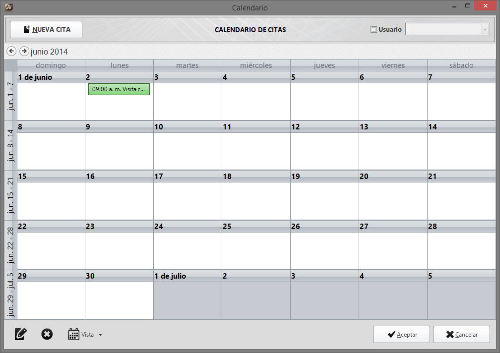 22 Calendario Para un mejor control de sus citas el sistema cuenta con un calendario visual donde podrá visualizar todas las citas registradas. Manejo del Calendario 1.