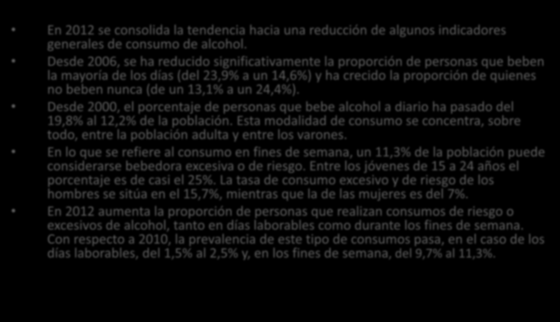 Alcohol En 2012 se consolida la tendencia hacia una reducción de algunos indicadores generales de consumo de alcohol.