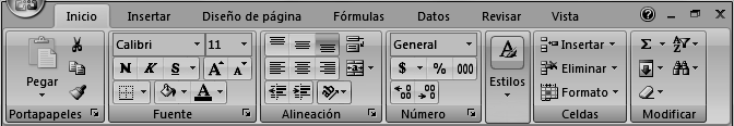 En Microsoft Office Excel 2007 al colocar el puntero del ratón sobre cada comando o icono y demorarlo algunos segundos automáticamente aparece un cuadro de texto donde le da el nombre y le describe