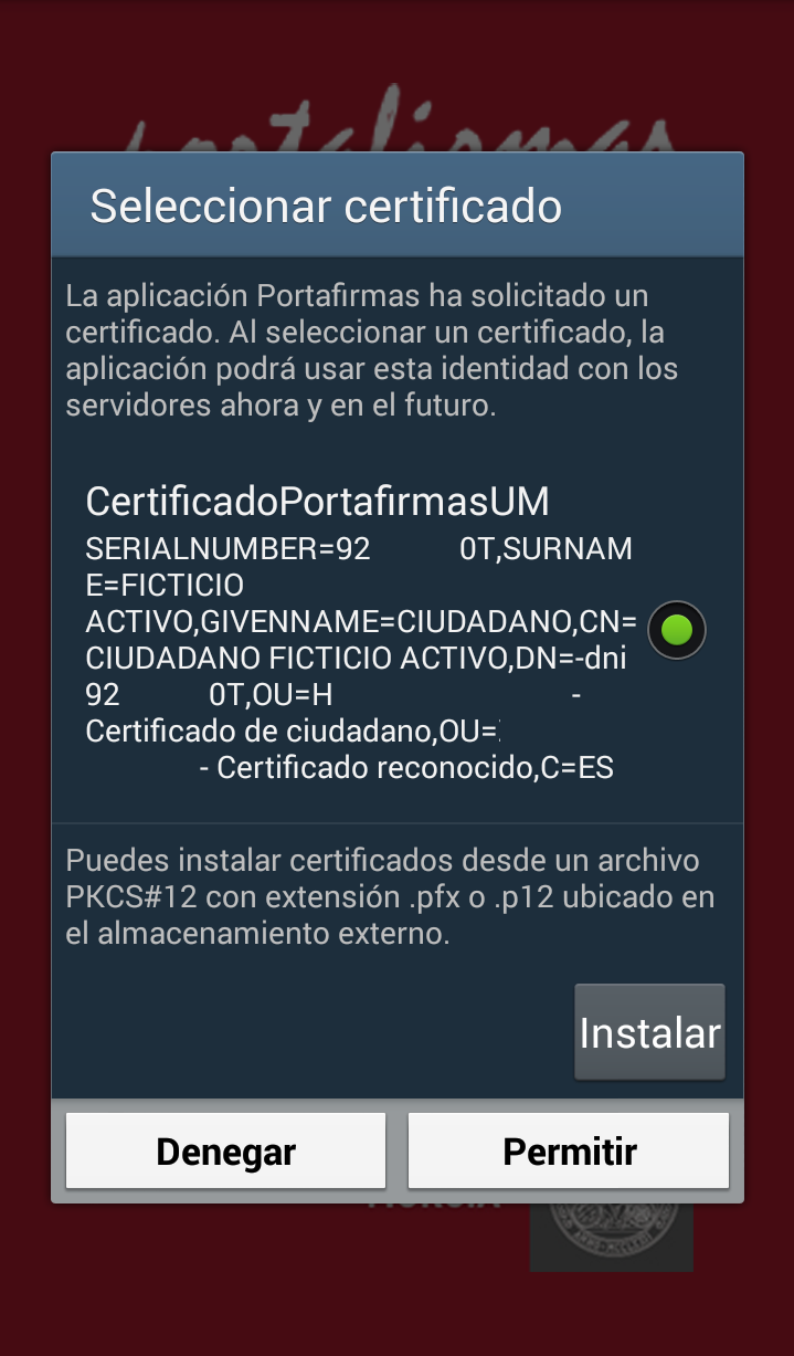 Al pulsar el botón ENTRAR, al usuario se le mostrará una ventana de selección de certificado.
