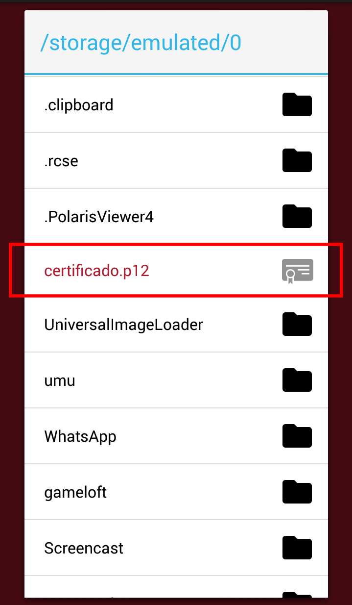 Al pulsar el botón INSTALAR CERTIFICADO se mostrarán entonces los certificados (fichero *.p12 o *.pfx) copiados previamente en su dispositivo.