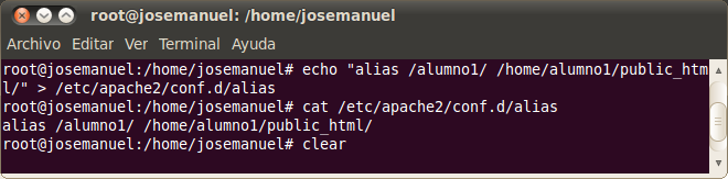 Ahora tenemos que crear el alias alumno1 para poder entrar sin poner el símbolo ~ en el navegador, para ello hacemos lo siguiente: Creamos el fichero alias en la ruta /etc/apache2/conf.