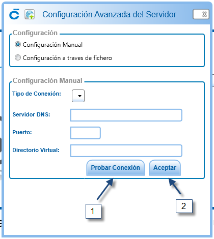 Figura 19 Permite definir los parámetros básicos de conexión con el servidor, según los dos Tipos de Conexión (Windows o Web) que se haya elegido.