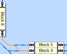 Si hay desvíos entre dos bloques, cuando se active la ruta los desvíos se posicionarán adecuadamente, y el programa los bloqueará en esa posición por lo que