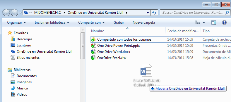 Guía Versión cliente OneDrive Para cargar documentos a OneDrive con el cliente instalado únicamente es necesario arrastrar o copiar y pegar el documento que deseemos a la carpeta seleccionada como