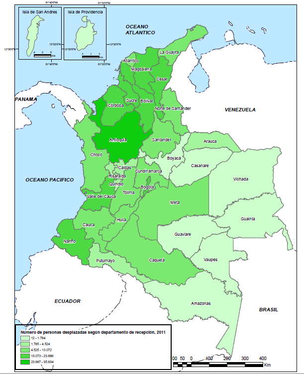 20% de los departamentos que recibieron menos de 1.024 personas estuvieron San Andrés, Amazonas, Vaupés, Vichada, Guainía y Boyacá. (Mapa 6) Fuente: Ministerio de Salud y Protección Social SISPRO.