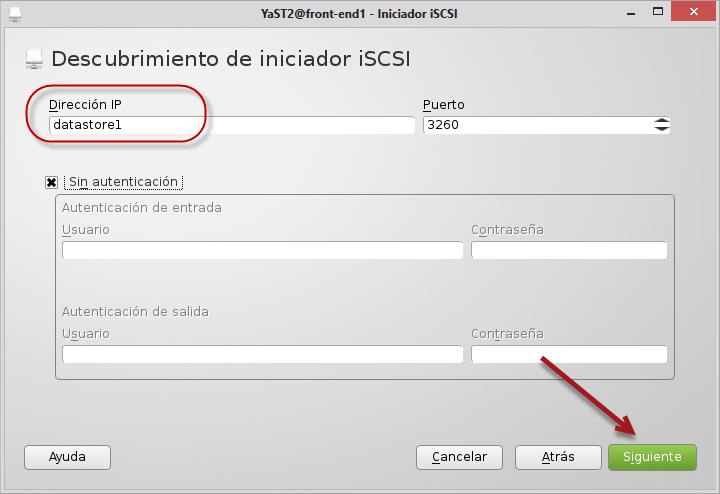 2.5 Determine la dirección de target iscsi Digite la dirección IPv4, hostname o FQDN No cambie el puerto Dé un clic en el botón Siguiente 2.