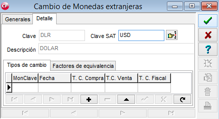 Le abrirá la ventana de Cambio de Monedas Extranjeras en la cual hará clic en el campo Clave SAT.