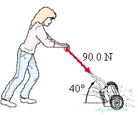 Si la persona de la figura empuja la podadora con una fuerza constante de 90.