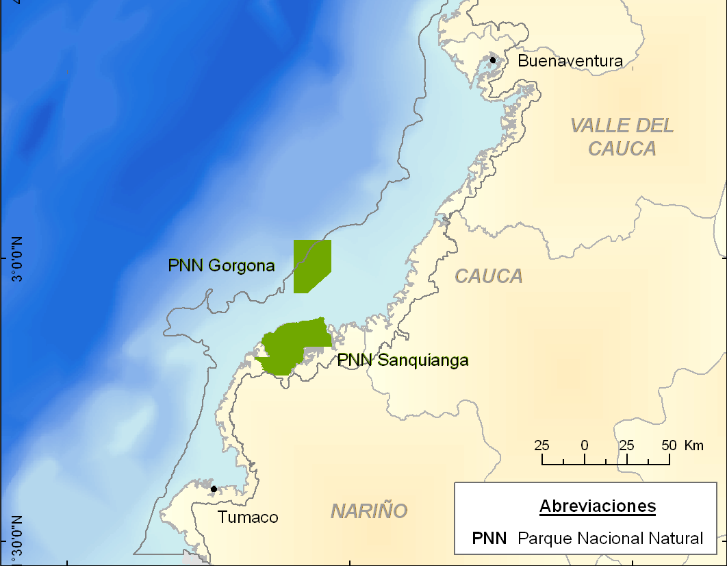 En cuanto a áreas protegidas, fueron incluidas solo las pertenecientes al Sistema de Parques Nacionales Naturales de Colombia -SPNN, las cuales son de tipo costero y marino-costero, se listan en la