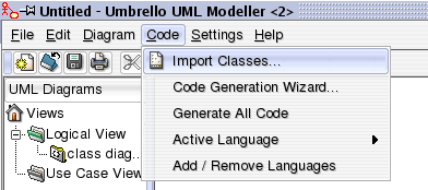 Importación de código Umbrello UML Modeller puede importar código fuente de sus proyectos actuales para ayudarle a crear los esquemas de sus