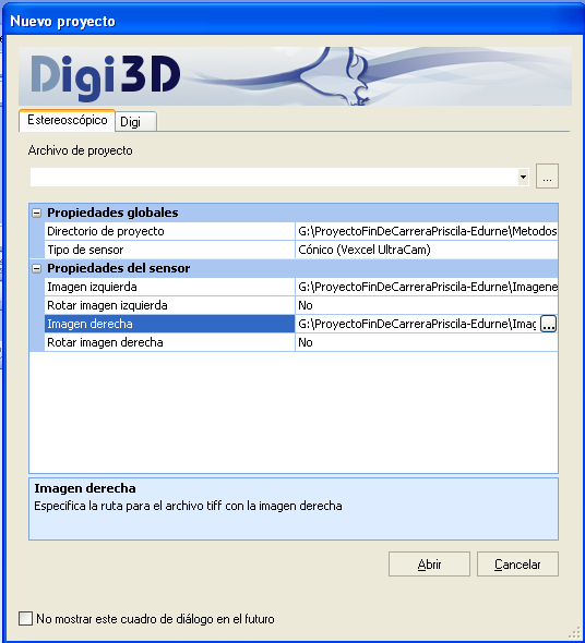 Carga de imágenes: Una vez abierto Digi 3D, hay que crear un nuevo proyecto, que tendrá como directorio la carpeta del método correspondiente.