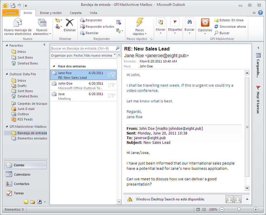 Captura de pantalla 2: Ficha Outlook Connector Una vez que se haya implementadogfi MailArchiver Outlook Connector, los mensajes de correo electrónico almacenados se verán perfectamente con Outlook y