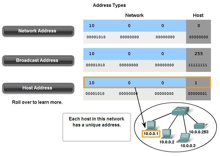 Tipos de direcciones en una red IPv4 Host address Cada dispositivo de la red requiere una dirección única para entregar un paquete.