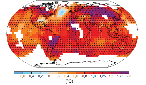Manifestaciones del Cambio Climático a nivel global La tendencia de aumento de la temperatura superficial global entre 1901-2012 demuestra que el