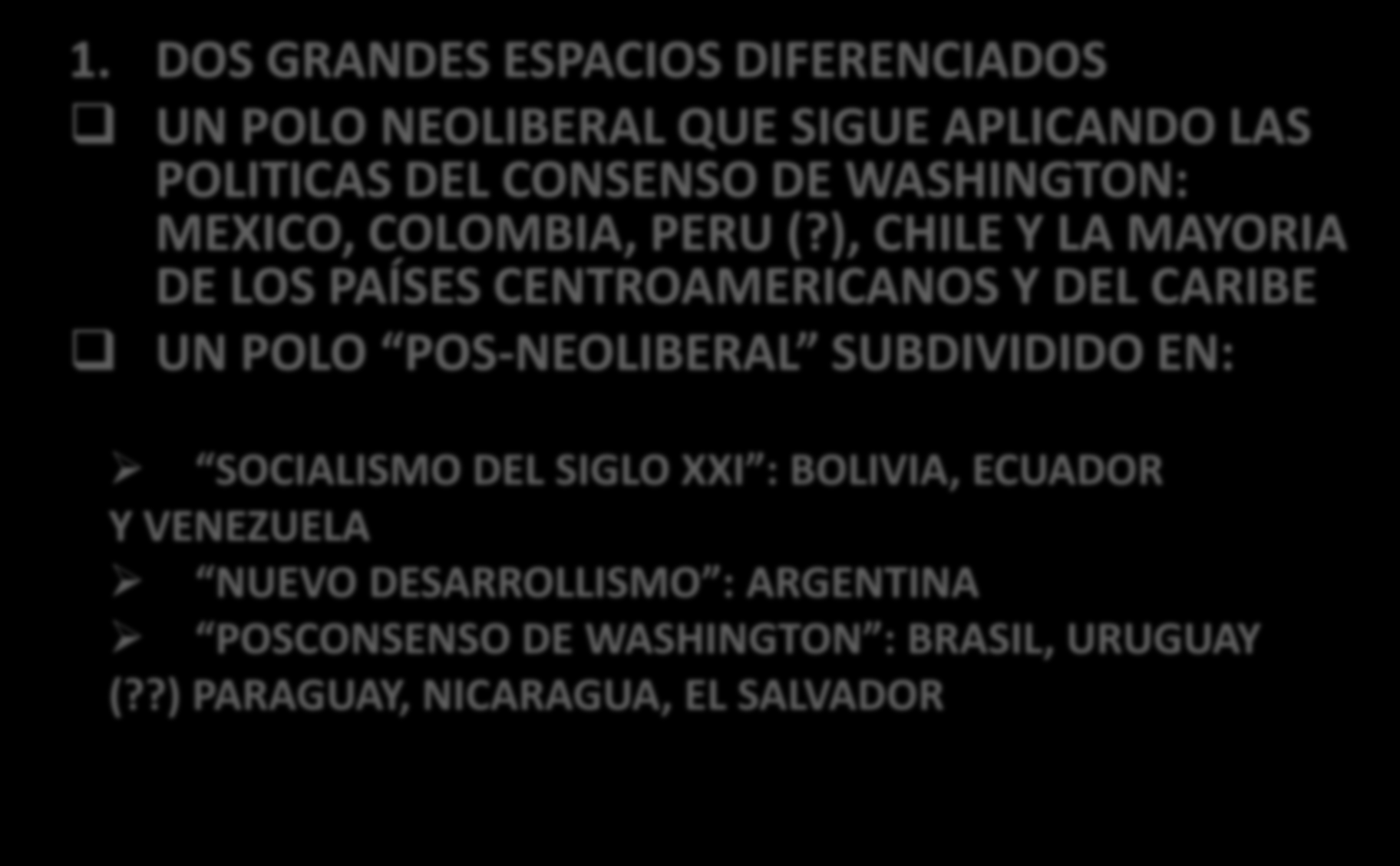 AMERICA LATINA HOY 1. DOS GRANDES ESPACIOS DIFERENCIADOS UN POLO NEOLIBERAL QUE SIGUE APLICANDO LAS POLITICAS DEL CONSENSO DE WASHINGTON: MEXICO, COLOMBIA, PERU (?