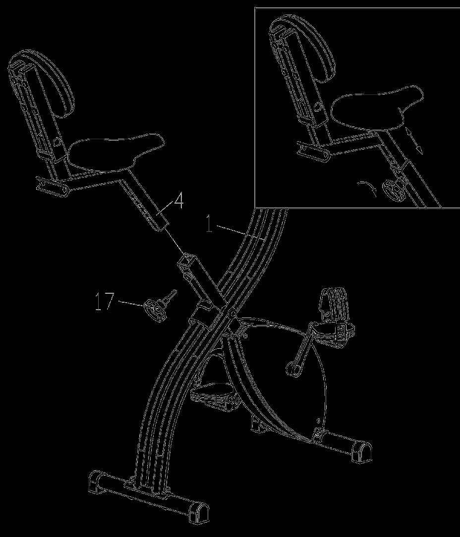 Etapa 6 Inserte la varilla del sillín (4) en el sillín principal (1); Inserte la varilla del sillín (4) en el chasis principal (1) y