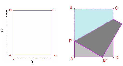 Doblar la hoja de manera que el vértice B caiga sobre el lado opuesto AD en el punto B formando el triángulo rectángulo PAB (P es el punto de doblez del lado AB).