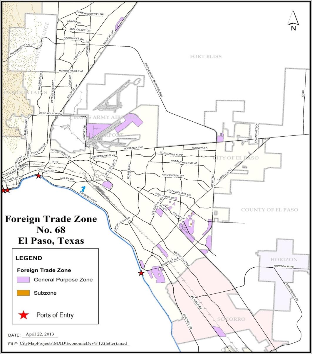 Panorama Zona de El Paso Mas de 3,400 acres designados en cinco sitios regionales, la mayor parte dentro de parques industriales: Site 1, Airport 1,065 acres Site