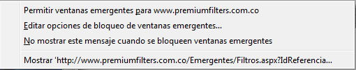 Al bloquear la ventana emergente, Firefox muestra una barra de información, así como un icono de direcciones: en la barra Cuando se pulsa ya sea el botón de Opciones en la barra de información o el