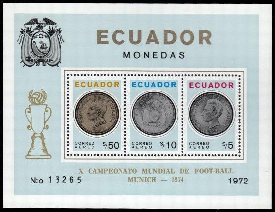ECUADOR: COPA DEL MUNDO Y ERRORES DE DISEÑO Juan Pablo Aguilar Andrade (AFE 823) Las emisiones postales ecuatorianas dedicadas al Campeonato Mundial de Fútbol empezaron tardíamente, en 1974, pero