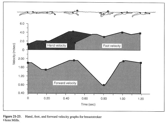 Figura 16. Velocidad de tracción de las manos y velocidad de avance del cuerpo para el estilo espalda. Maglischo, 1993.