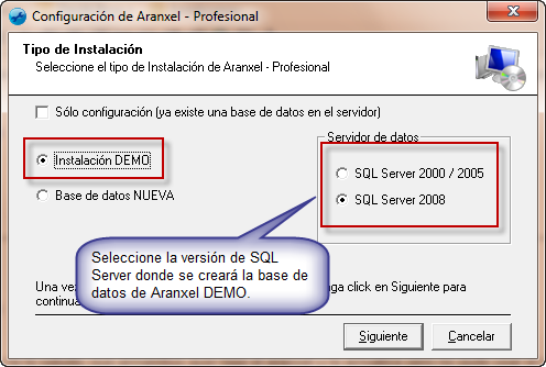 Seleccionar Instalación DEMO para poder crear una base de datos demo en el servidor SQL, esta base datos no requiere ningún candado físico de seguridad y normalmente se utiliza para hacer pruebas sin