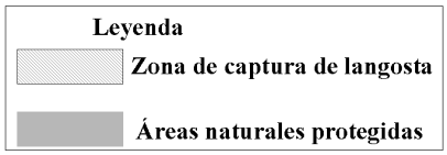 Figura 7: Zona de captura de langosta (Panulirus argus) Fuentes: CONANP. 2011. Mapoteca En http://www.conanp.gob.mx INEGI. 2011. Estados de la República Mexicana. En www.inegi.gob.mx NOAA. 2011. Shoreline extractor.