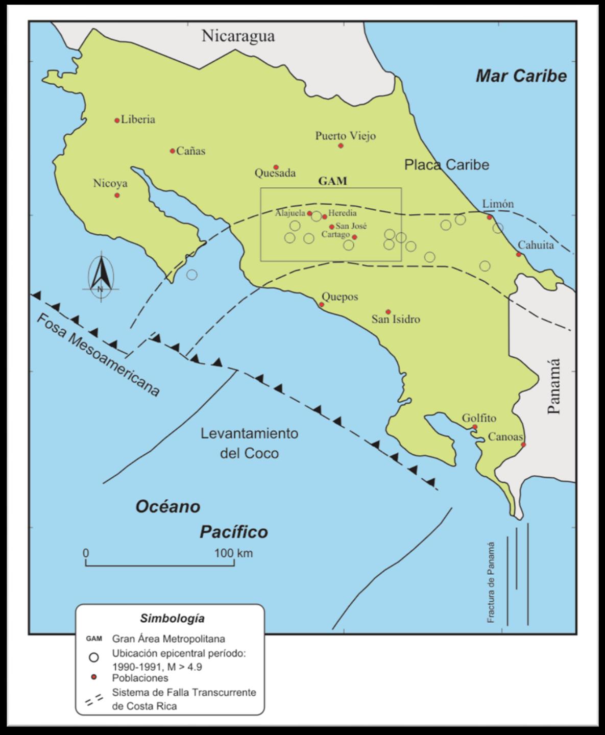 Imagen 16 Sismicidad reciente asociada con el Sistema de Falla Transcurrente de Costa Rica