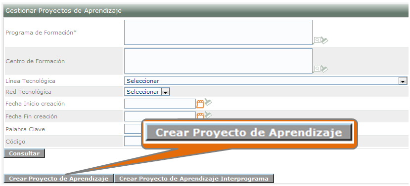 17.1.2. Se muestra un formulario para realizar la búsqueda de proyectos. Presione el botón Crear Proyecto de Aprendizaje. 17.1.3.