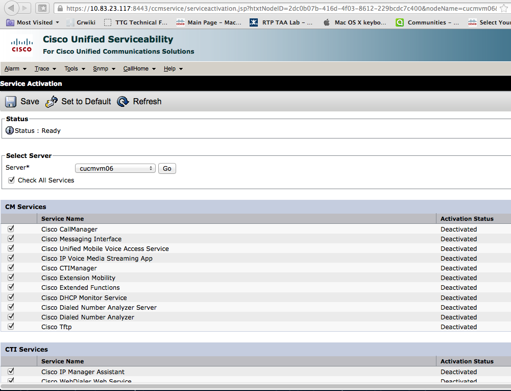 On the Cisco Unified Serviceability page, go to the Tools pull-down menu, and select Service Activation.