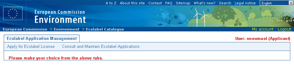 1.3 Página inicial En la página inicial de Ecat_Admin se ofrecen múltiples opciones: - Solicitar una licencia de etiqueta ecológica de la UE. - Consultar y mantener las licencias actuales.