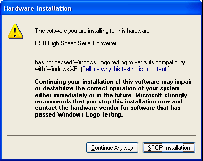 Si Windows XP está configurado para advertirle que van a instalarse controladores sin firma (sin certificación WHQL), se mostrará la pantalla siguiente.